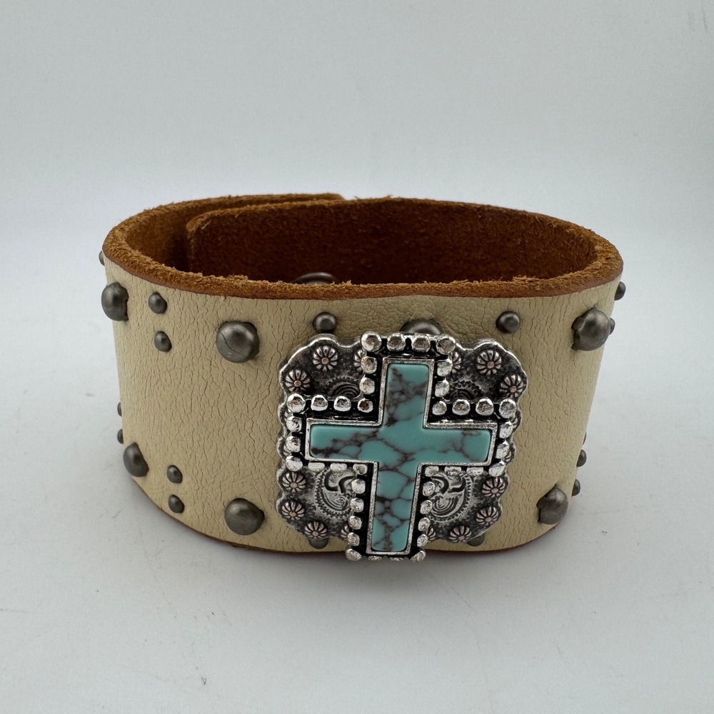 Western Leather Cuff Bracelet Beige Excellent Studded Cross Boho